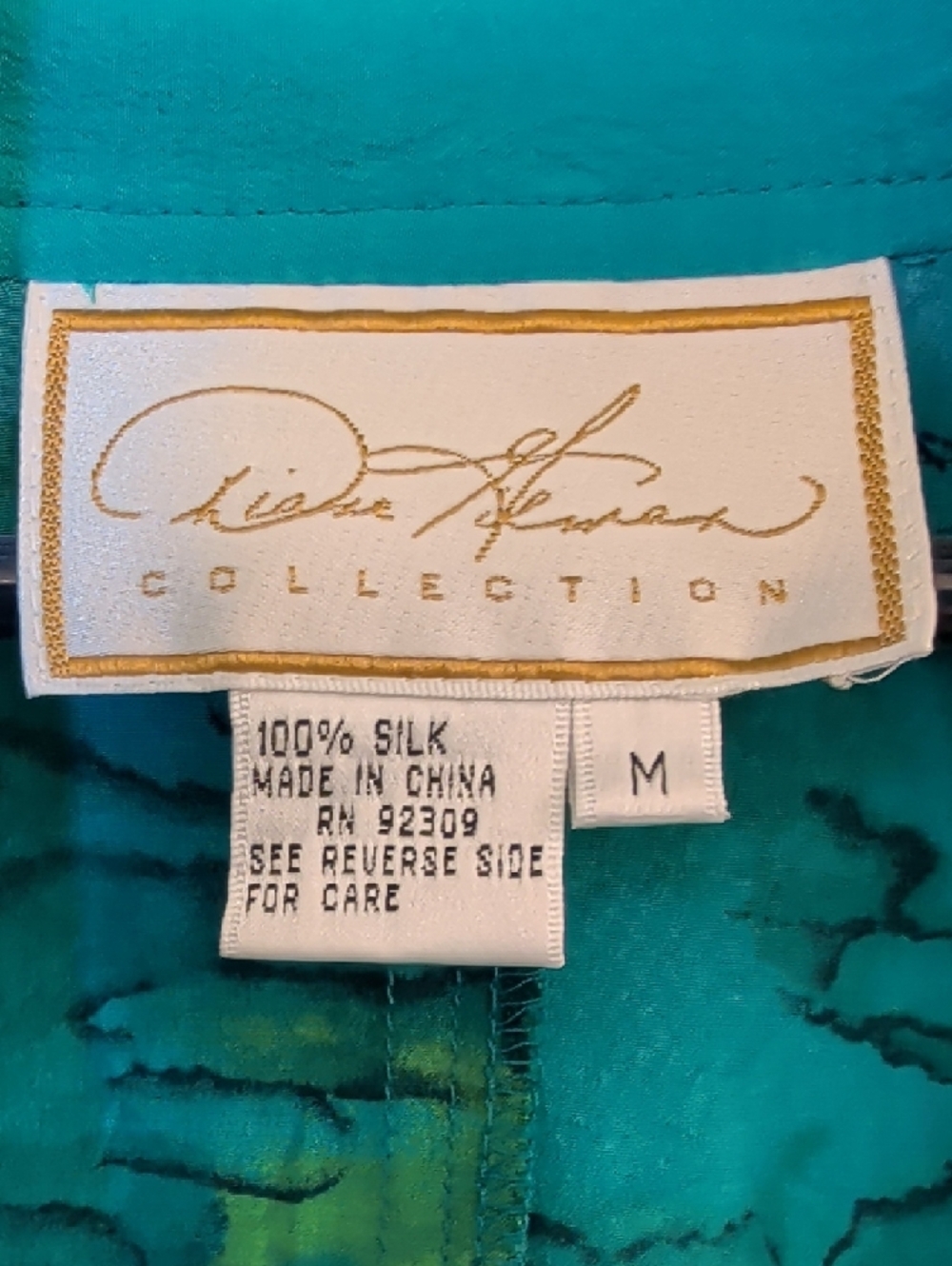Diane Gilman 100% Silk Watercolor Cardigan Size M | Teal Open Front Duster Top - Picture 9 of 10
